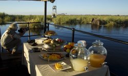 Mature man sitting on deck watching elephant walking across the Selinda Spillway in Northern Botswana.